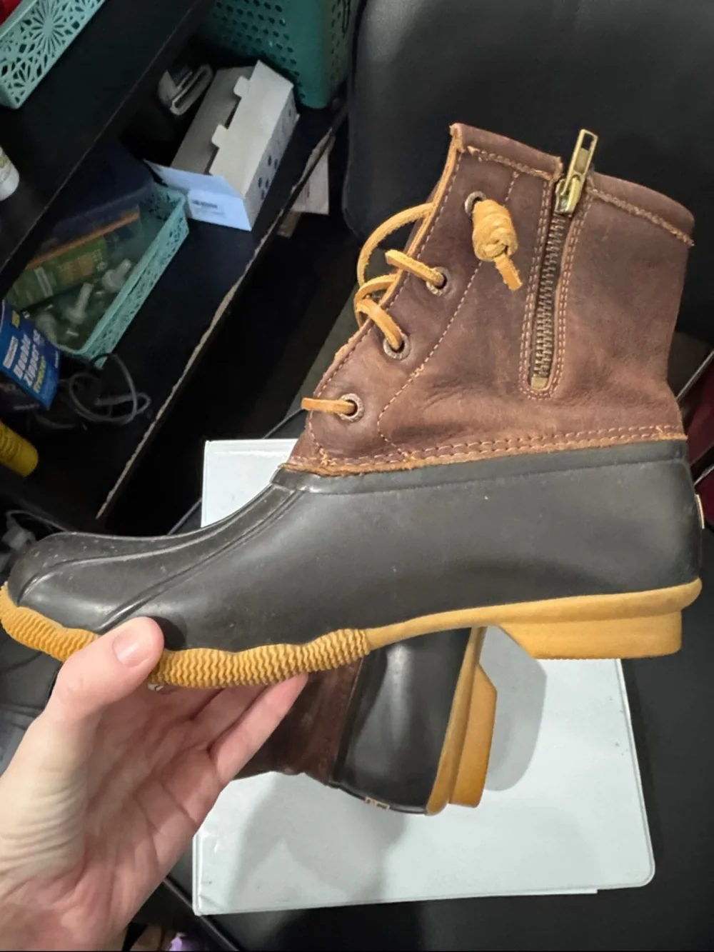 Sperry Two-Tone Brown Leather and Black Rubber Duck Boots
